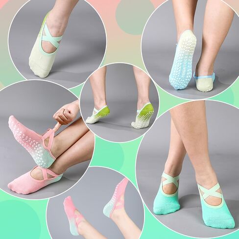 4 Pair Pilates Socks with Grips for Women X-Cross Straps Non Skid Yoga Socks Anti Slip Barre Pilates Hospital Grippy Socks(US 5-7) in Saudi Arabia
