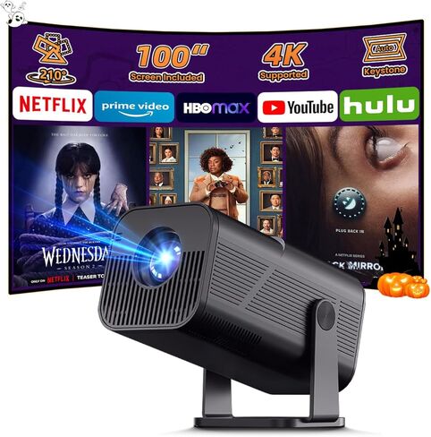 جهاز عرض صغير مع WiFi و Bluetooth ، Portable Outdible Projector 4K ، و 200 ANSI Lumens ، وجهاز عرض ذكي مع Android11.0 ، و PromeCure المدمج في التطبيق للمسرح المنزلي ، والتخييم ، والألعاب in Kuwait