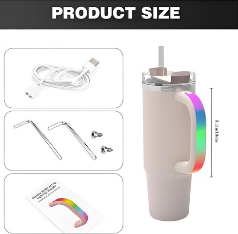مقبض كوب LED - مقبض متوهج USB مع 10 أوضاع ملونة ، مقاوم للماء ومقاوم للصدمات ، متوافق مع ستانلي 30 أوقية و 40 أونصة ، مثالية للتخييم واللياقة البدنية والاستخدام الليلي (رمادي) in Kuwait