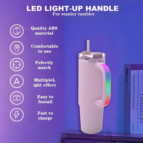 مقبض كوب LED - مقبض متوهج USB مع 10 أوضاع ملونة ، مقاوم للماء ومقاوم للصدمات ، متوافق مع ستانلي 30 أوقية و 40 أونصة ، مثالية للتخييم واللياقة البدنية والاستخدام الليلي (رمادي) in Kuwait