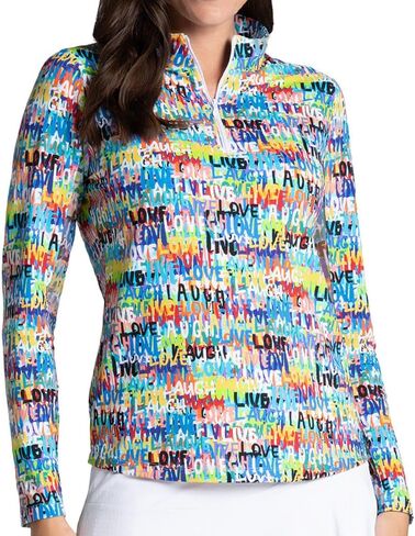 IBKUL Athleisure Wear Sun Protective UPF 50+ Icefil Cooling Tech Live, Love, Laugh Print Long Sleeve Mock Neck Top – 10935 Red Multi Live, Love, Laugh S in Saudi Arabia
