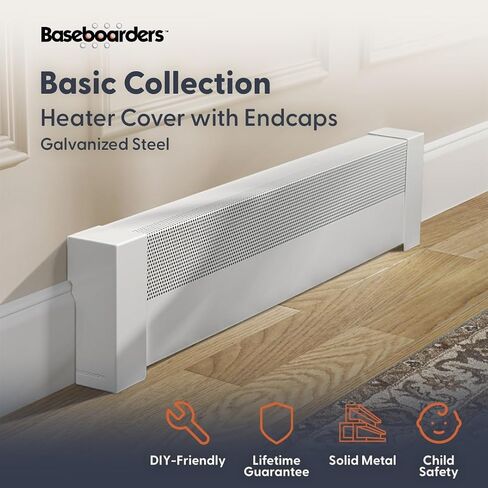 Baseboarders Basic Series 3 ft Galvanized Steel Easy Slip-On Baseboard Heater Cover and Endcaps for Hydronic [Water] Systems - White - Perfect for Bathrooms [3 ft Cover + L&R End Caps Bundle] in Saudi Arabia
