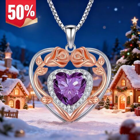 925 Sterling Silver Heart Rose Pendant Necklace with 12 Birthstone Jewelry Birthday Anniversary Mothers Day Christmas Gifts for Her Wife Girlfriend Mom in Saudi Arabia
