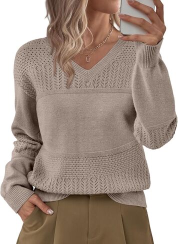 LILLUSORY Women's Hollowed-Out V Neck Sweater Business Casual Pullover Tops in Saudi Arabia