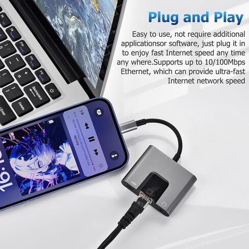 Lightning to RJ45 Ethernet Adapter Network Adapter, Support 10/100Mbps Ethernet Network, with Lightning Charge Port and 3.5mm Audio Jack, Compatible with iPhone 14 13 12 11/iPad in Saudi Arabia