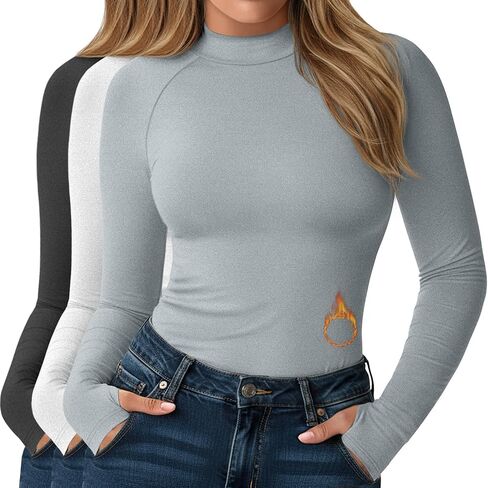 3 Pack Women's Plus Size Thermal Shirts Fleece Mock Turtleneck Tops Long Sleeve Base Layer with Thumb Holes in Saudi Arabia
