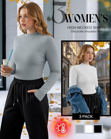 3 Pack Women's Plus Size Thermal Shirts Fleece Mock Turtleneck Tops Long Sleeve Base Layer with Thumb Holes in Saudi Arabia