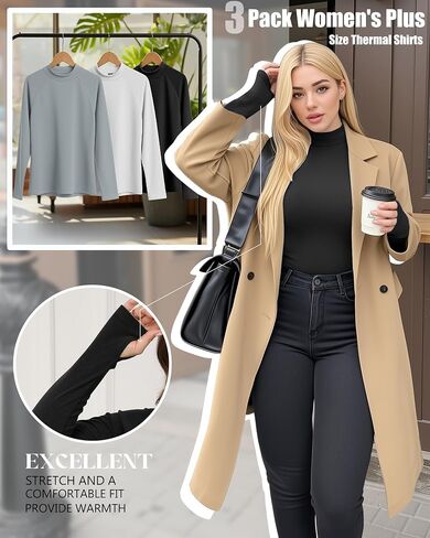 3 Pack Women's Plus Size Thermal Shirts Fleece Mock Turtleneck Tops Long Sleeve Base Layer with Thumb Holes in Saudi Arabia