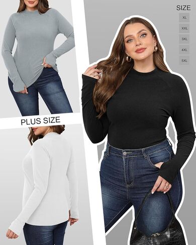 3 Pack Women's Plus Size Thermal Shirts Fleece Mock Turtleneck Tops Long Sleeve Base Layer with Thumb Holes in Saudi Arabia