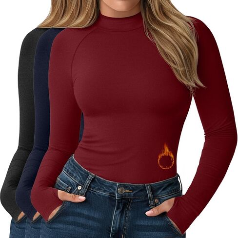 3 Pack Women's Plus Size Thermal Shirts Fleece Mock Turtleneck Tops Long Sleeve Base Layer with Thumb Holes in Saudi Arabia