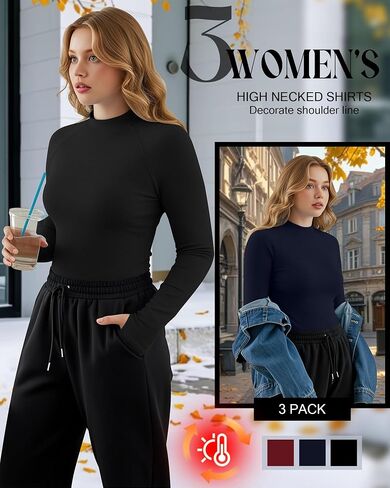 3 Pack Women's Plus Size Thermal Shirts Fleece Mock Turtleneck Tops Long Sleeve Base Layer with Thumb Holes in Saudi Arabia