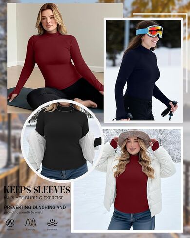 3 Pack Women's Plus Size Thermal Shirts Fleece Mock Turtleneck Tops Long Sleeve Base Layer with Thumb Holes in Saudi Arabia