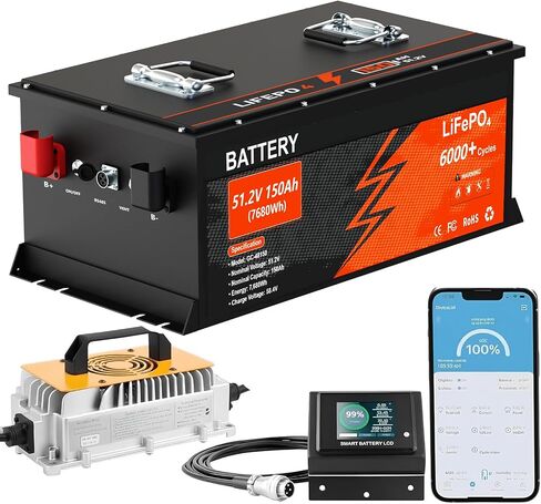 48V 105Ah Lithium Golf Cart Battery, 6000+ Cycles Rechargeable LiFePO4 Battery with 58.4V 18A Charger, Built-in 200A BMS, Stainless Steel Case, Touch LCD Monitor & Mobile APP, Perfect for Golf Carts in Saudi Arabia