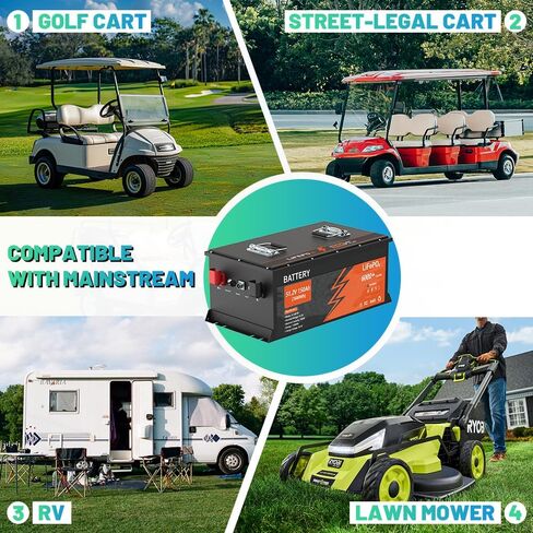 48V 105Ah Lithium Golf Cart Battery, 6000+ Cycles Rechargeable LiFePO4 Battery with 58.4V 18A Charger, Built-in 200A BMS, Stainless Steel Case, Touch LCD Monitor & Mobile APP, Perfect for Golf Carts in Saudi Arabia