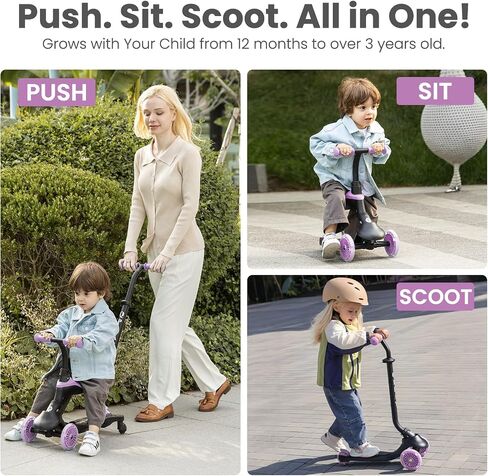 QPlay Toddler Scooter Ages 1 to 6 | Up to 110 Lbs | Kick Scooter with Adjustable Push Handle Height, Lights on Deck & 3 Wheels, Kids Ages 2 to 5 Boys & Girls Gifts (Violet) in Saudi Arabia
