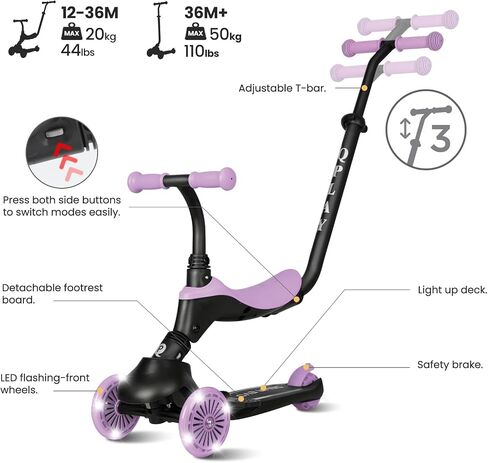 QPlay Toddler Scooter Ages 1 to 6 | Up to 110 Lbs | Kick Scooter with Adjustable Push Handle Height, Lights on Deck & 3 Wheels, Kids Ages 2 to 5 Boys & Girls Gifts (Violet) in Saudi Arabia