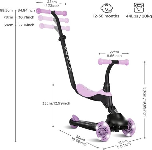 QPlay Toddler Scooter Ages 1 to 6 | Up to 110 Lbs | Kick Scooter with Adjustable Push Handle Height, Lights on Deck & 3 Wheels, Kids Ages 2 to 5 Boys & Girls Gifts (Violet) in Saudi Arabia