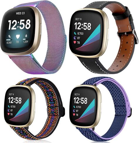 Attbbon 4 Pack Compatible with Fit bit Versa 4/Fit bit Sense 2 for Men Women, Adjustable Stainless Steel Metal+Classic Leather+Stretchy Nylon Band for Versa 3/Sense Watch in Saudi Arabia