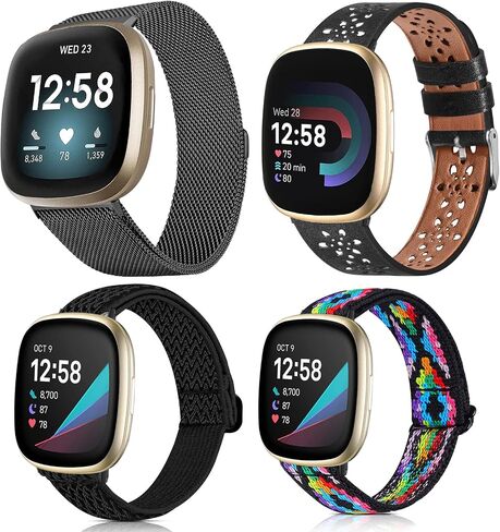 Attbbon 4 Pack Compatible with Fit bit Versa 4/Fit bit Sense 2 for Men Women, Adjustable Stainless Steel Metal+Classic Leather+Stretchy Nylon Band for Versa 3/Sense Watch in Saudi Arabia