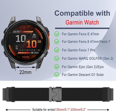 Nylon Band for Garmin Descent G2, 47mm model of Tactix 8/Fenix ​​E/Fenix ​​8, 22mm Stretchy Braided Nylon Sport Strap for Garmin Quatix 8 47mm/7 Pro/6/6 Titanium in Kuwait
