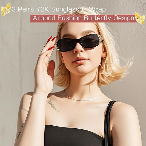 3 أزواج من نظارات شمسية Y2K للنساء ، لف الأزياء حول تصميمات الشمس الفراشة مع حماية UV400 لركوب الدراجات الصيد in Kuwait