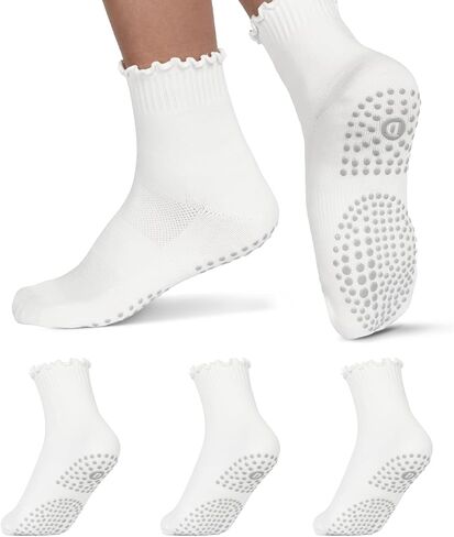 Ruffle Pilates Socks with Grips for Women- Cute Non-Slip Grippy Yoga Socks for Yoga, Pilates, Ballet & Barre, Ideal Gifts-3 Pairs in Saudi Arabia