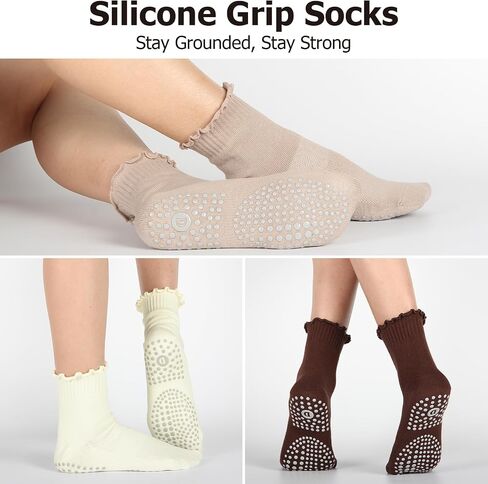 Ruffle Pilates Socks with Grips for Women- Cute Non-Slip Grippy Yoga Socks for Yoga, Pilates, Ballet & Barre, Ideal Gifts-3 Pairs in Saudi Arabia