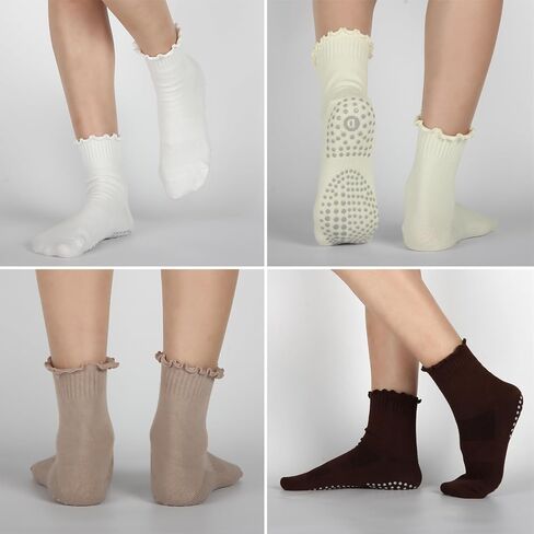 Ruffle Pilates Socks with Grips for Women- Cute Non-Slip Grippy Yoga Socks for Yoga, Pilates, Ballet & Barre, Ideal Gifts-3 Pairs in Saudi Arabia