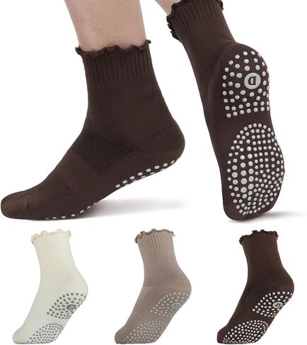 Ruffle Pilates Socks with Grips for Women- Cute Non-Slip Grippy Yoga Socks for Yoga, Pilates, Ballet & Barre, Ideal Gifts-3 Pairs in Saudi Arabia