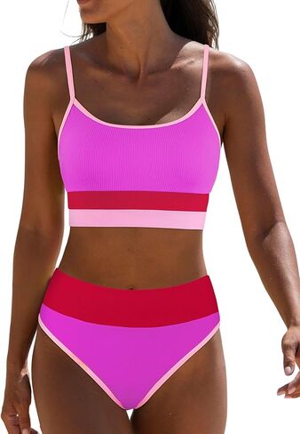 Popvil Women Bikini يضع بدلة للسباحين - سباحة رياضية عالية الخصر صفيق متواضع Neon Neon Bikini in Saudi Arabia