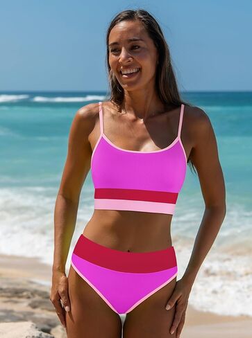 Popvil Women Bikini يضع بدلة للسباحين - سباحة رياضية عالية الخصر صفيق متواضع Neon Neon Bikini in Saudi Arabia