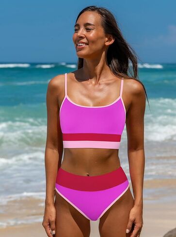 Popvil Women Bikini يضع بدلة للسباحين - سباحة رياضية عالية الخصر صفيق متواضع Neon Neon Bikini in Saudi Arabia