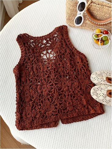 Sweatyrocks Women'slessless Hollow Out Cardigan Vest Veal Open Boho Summer Outwear Outwear in Kuwait
