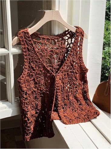 Sweatyrocks Women'slessless Hollow Out Cardigan Vest Veal Open Boho Summer Outwear Outwear in Kuwait