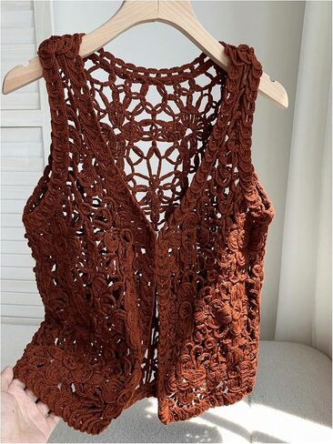 Sweatyrocks Women'slessless Hollow Out Cardigan Vest Veal Open Boho Summer Outwear Outwear in Kuwait