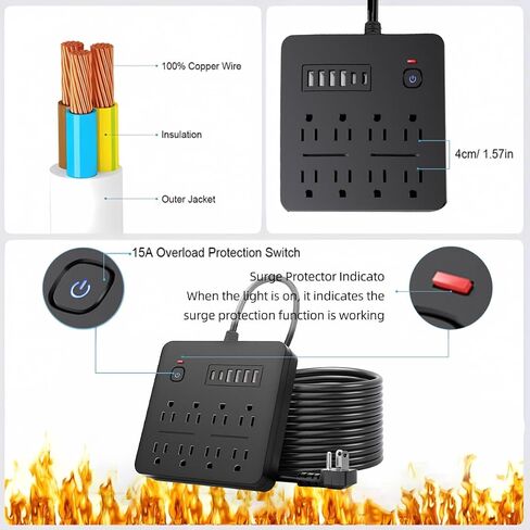 6 قدم شريط طاقة توصيل مسطح ، 8 منافذ AC متعددة مع 6 منافذ USB (2 USB C) ، سلك تمديد 6 أقدام ، 1250W/10A ، زر مفتاح اللمس واحد ، 17 في 1 POWERSTRIP مضغوط (أبيض) in Saudi Arabia