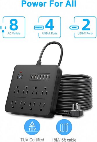 6 قدم شريط طاقة توصيل مسطح ، 8 منافذ AC متعددة مع 6 منافذ USB (2 USB C) ، سلك تمديد 6 أقدام ، 1250W/10A ، زر مفتاح اللمس واحد ، 17 في 1 POWERSTRIP مضغوط (أبيض) in Saudi Arabia