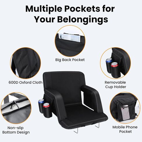 Stadium Seats with Back Support, Bleacher Chairs with Back and Cushion 2.6'' Thick Padded, 6 Reclining Positions, Folding Stadium Seats with Armrests, Bleacher Seats for Sports Events, Beaches in Kuwait