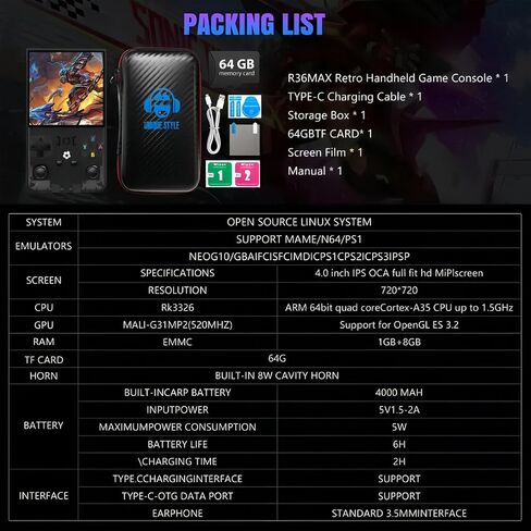 R36MAX Retro Handheld Game Console, 4.0 inch IPS Screen, More Than 20 Emulator and 18000+ Games, Portable Hand Held Open Source Linux System Video Game Console (128Gb Translucent Black) in Saudi Arabia