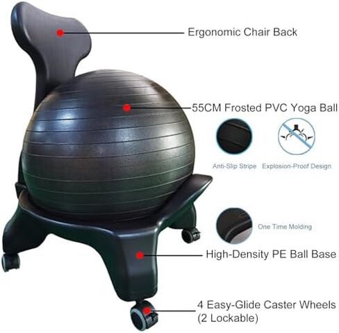 Ergonomic Stability Ball Desk Chair with Wheels & Back Support, 55cm Anti-Burst Exercise Ball for Adults, Students & Seniors, Supports 660 Lbs, Ideal for Home & Office Use in Saudi Arabia