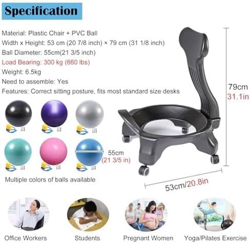 Ergonomic Physio Ball Chair with Wheels - Movable 55cm Anti-Burst Exercise Ball Desk Chair for Home & Office, Back Support, Core Balance, Ideal for Adults & Pregnant Women - Gray in Saudi Arabia