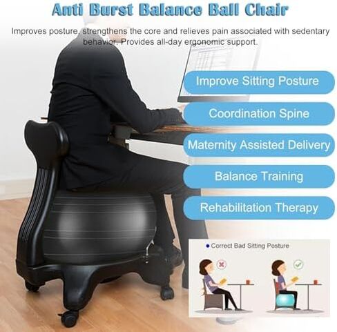 Ergonomic Physio Ball Chair with Wheels - Movable 55cm Anti-Burst Exercise Ball Desk Chair for Home & Office, Back Support, Core Balance, Ideal for Adults & Pregnant Women - Gray in Saudi Arabia