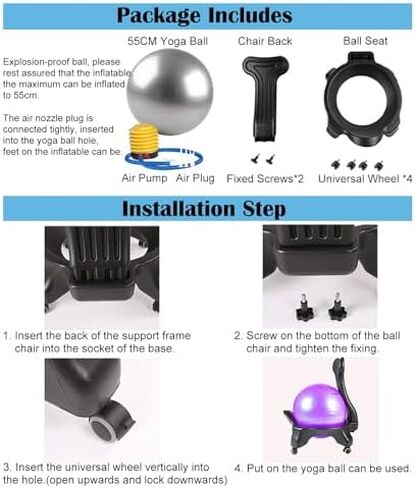 Ergonomic Physio Ball Chair with Wheels - Movable 55cm Anti-Burst Exercise Ball Desk Chair for Home & Office, Back Support, Core Balance, Ideal for Adults & Pregnant Women - Gray in Saudi Arabia