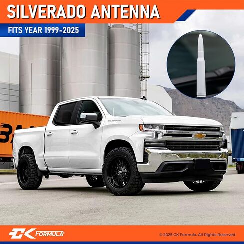 Silver Anodized 50 Cal Bullet Antenna for Chevy Silverado & GMC Sierra Trucks (1999–2025), Solid Billet Aluminum, Fade & Chip-Resistant, Car Wash Safe, Short Replacement Antenna, Truck Accessories in Saudi Arabia