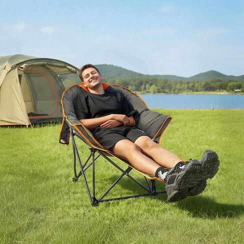 OUTDOOR LIVING SUNTIME Oversized Padded Comfy Camping Chair with Removable Footrest， Weight Capacity 400 LBS, Heavy Duty Moon Round Leisure Folding Chair for Camping, Hiking, Carry Bag, Gray in Saudi Arabia