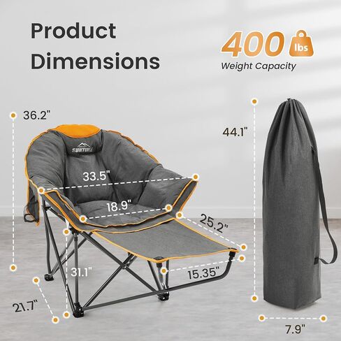 OUTDOOR LIVING SUNTIME Oversized Padded Comfy Camping Chair with Removable Footrest， Weight Capacity 400 LBS, Heavy Duty Moon Round Leisure Folding Chair for Camping, Hiking, Carry Bag, Gray in Saudi Arabia