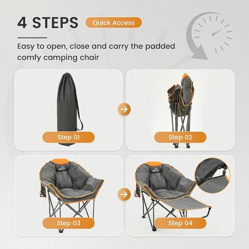 OUTDOOR LIVING SUNTIME Oversized Padded Comfy Camping Chair with Removable Footrest， Weight Capacity 400 LBS, Heavy Duty Moon Round Leisure Folding Chair for Camping, Hiking, Carry Bag, Gray in Saudi Arabia