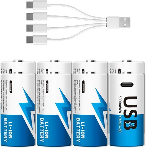 Rechargeable C Batteries 4 Pack, 5000mWh 1.5V Lithium C Cell Batteries with USB-C 4-in-1 Charging Cable, 1500+ Cycles, LR14 Long-Lasting Batteries for Flashlights, Toys, Radios in Saudi Arabia