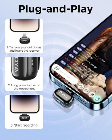 Boya Mini USB-C Wireless Lavalier Microphone لـ Andriod iPhone 16/15 ، MIC Mini Fltra Mini مع تبديل صوت الذكاء الاصطناع in Saudi Arabia
