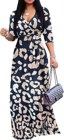 Yajedo Womens Disual Summer Maxi Dress Plus Size Sexy Warp v Neck 3/4 Sundress مع Poctets in Kuwait